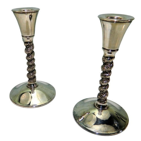 Falstaff Silver Plated Candlesticks Made Spain Twisted Vine Mid Century Set  2 - Picture 1 of 12